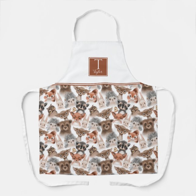 Custom Monogram, Forest Animals Woodland Pattern Apron (Front)