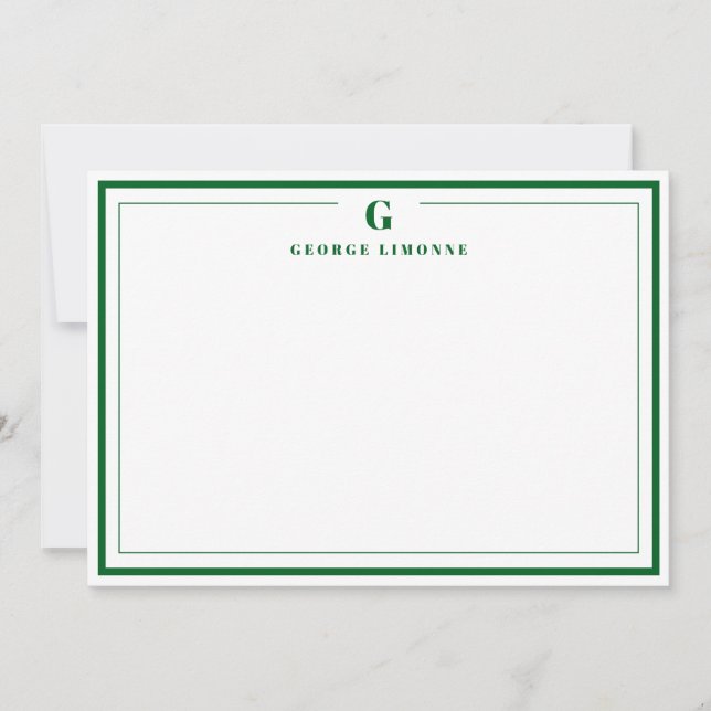 Custom Monogram Forest Green Border Stationery  Note Card (Front)