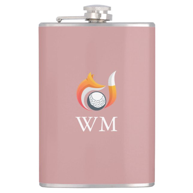 Custom Monogram Fox And Golf Ball Dusty Rose Pink Flask (Front)