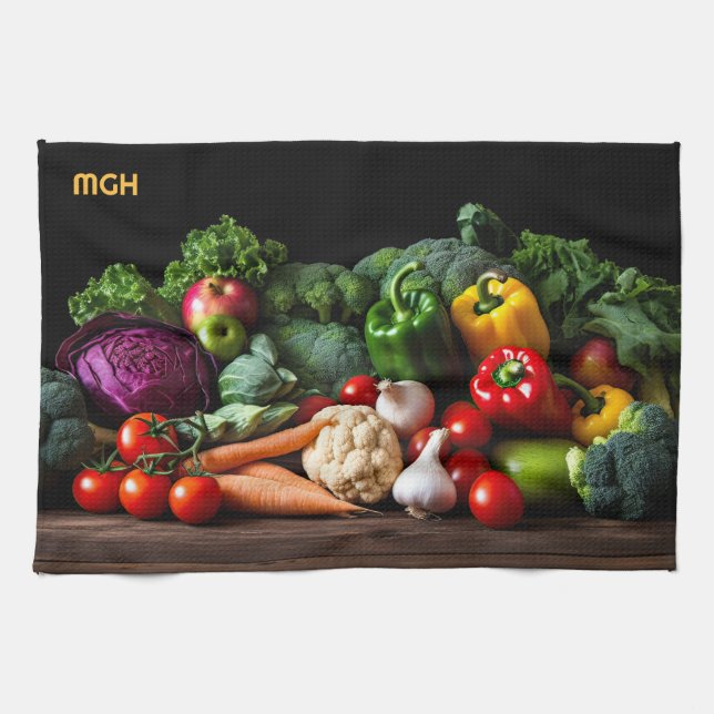 Custom Monogram Fresh Vegetables Kitchen Towel (Horizontal)
