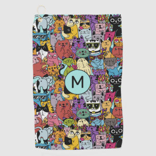 Custom Monogram Funny Cats Illustration Golf Towel