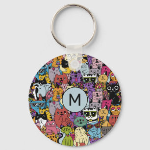 Custom Monogram Funny Cats Illustration Keychain