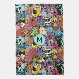 Custom Monogram Funny Cats Illustration Kitchen Towel
