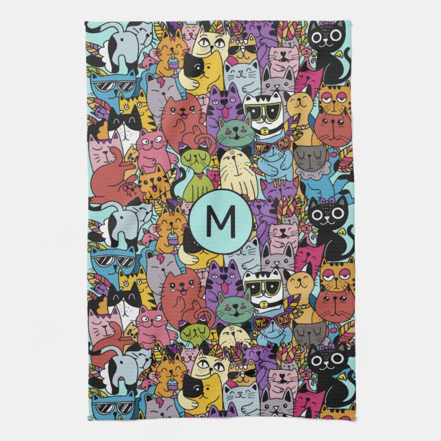 Custom Monogram Funny Cats Illustration Kitchen Towel (Vertical)