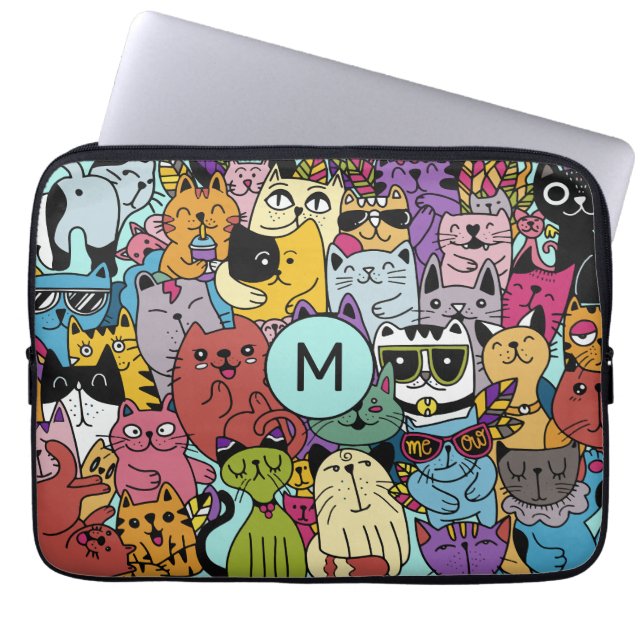 Custom Monogram Funny Cats Illustration Laptop Sleeve (Front)