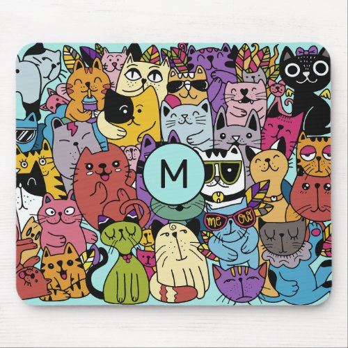 Custom Monogram Funny Cats Illustration Mouse Pad