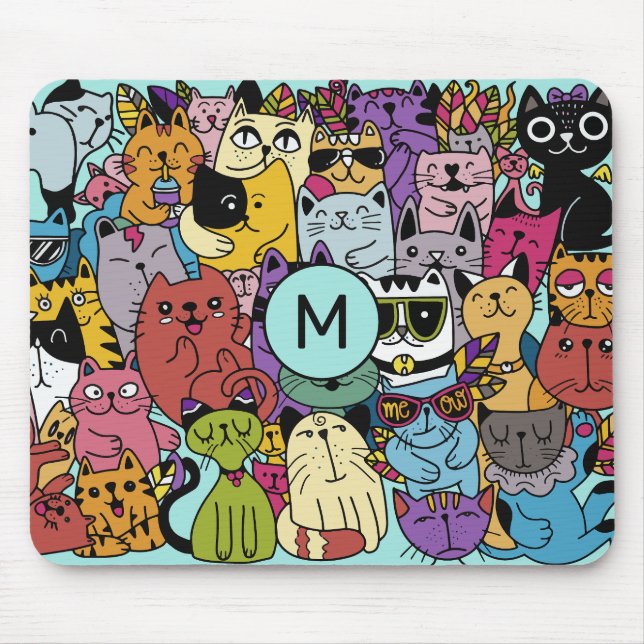Custom Monogram Funny Cats Illustration Mouse Pad (Front)