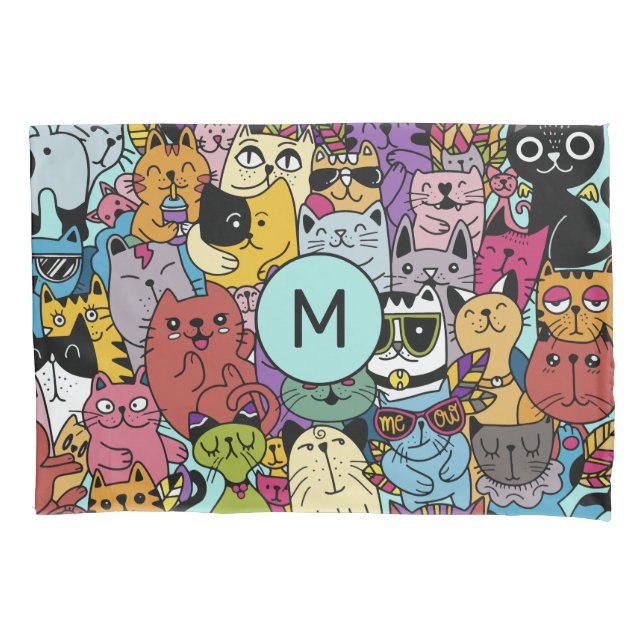 Custom Monogram Funny Cats Illustration Pillow Case (Front)