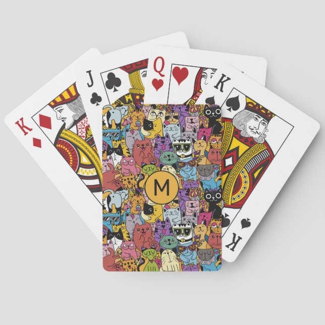 Custom Monogram Funny Cats Illustration Poker Cards (Back)
