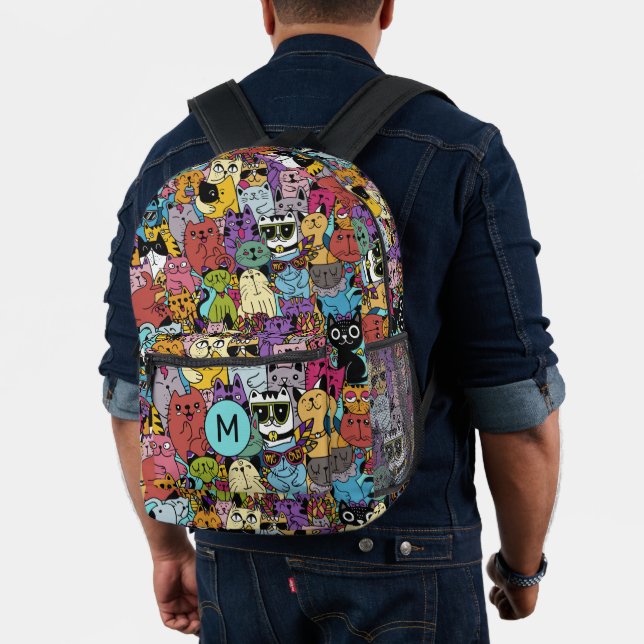Custom Monogram Funny Cats Illustration Printed Backpack (Insitu (Model))