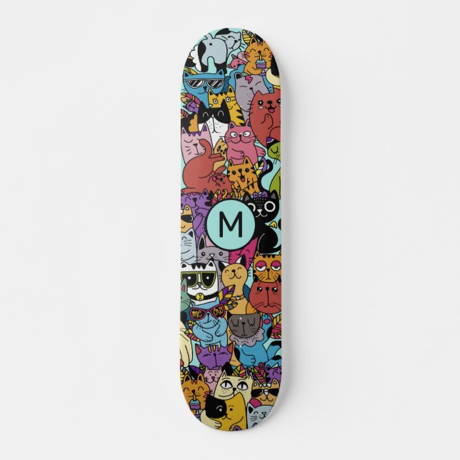 Custom Monogram Funny Cats Illustration Skateboard (Front)