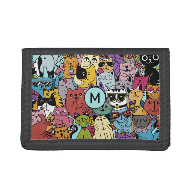 Custom Monogram Funny Cats Illustration Tri-fold Wallet (Front)