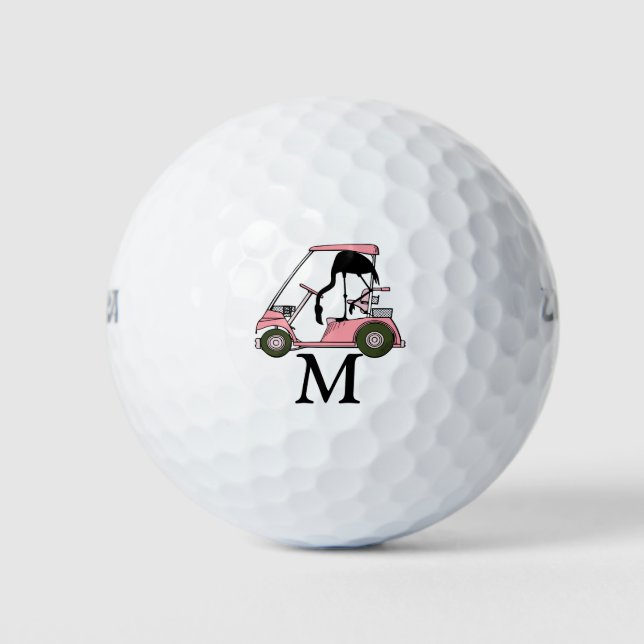 Custom Monogram Funny Flamingo Golf Caddy Golfcart Golf Balls (Front)