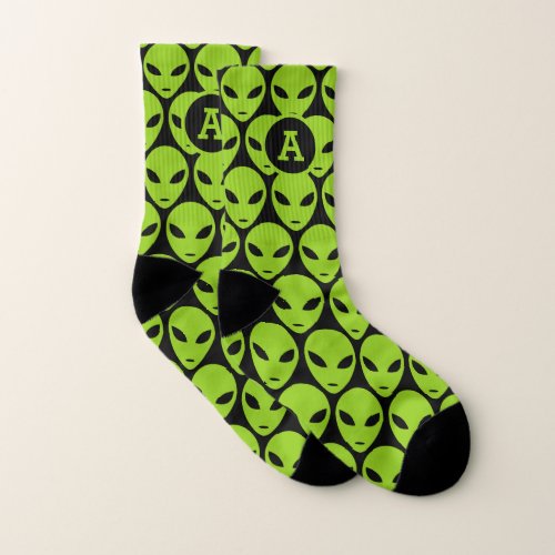 Custom monogram funny green alien print gift socks