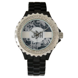Custom Monogram Geared Up Black Enamel Watch