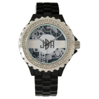 Custom Monogram Geared Up Black Enamel Watch