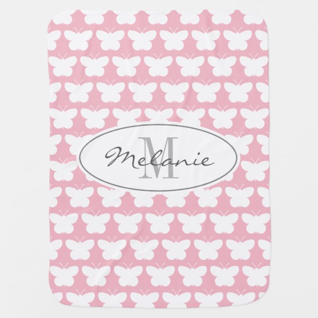 Custom monogram girly pink butterfly baby blanket (Front)