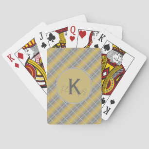 Custom Monogram Gold and Grey Plaid Poker Cards