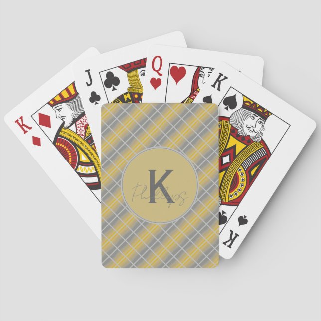 Custom Monogram Gold and Grey Plaid Poker Cards (Back)