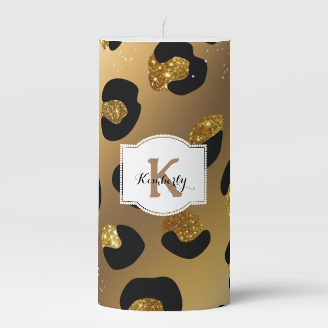 Custom Monogram - Gold & Black Animal Print Pillar Candle (Front)