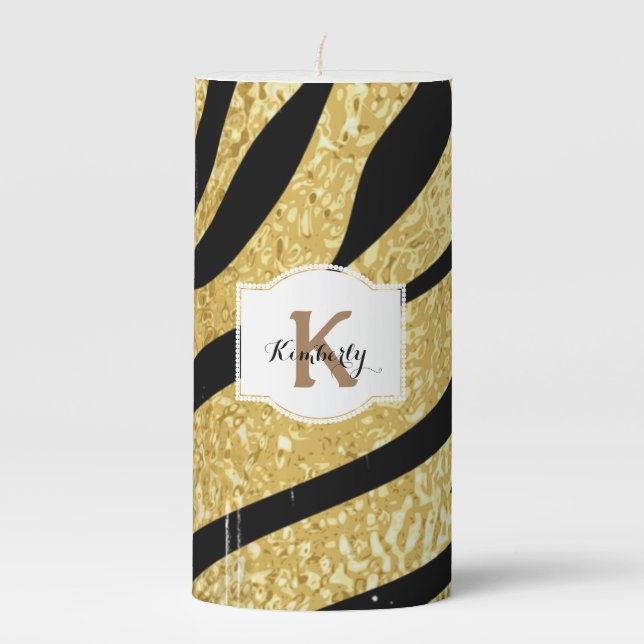 Custom Monogram - Gold & Black Animal Print Pillar Candle (Front)