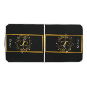 Custom Monogram Gold Floral On Black Wedding Beer Pong Table