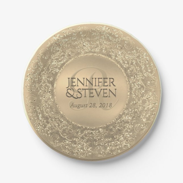 Custom Monogram Gold Glam Seal Paper Plates (Front)