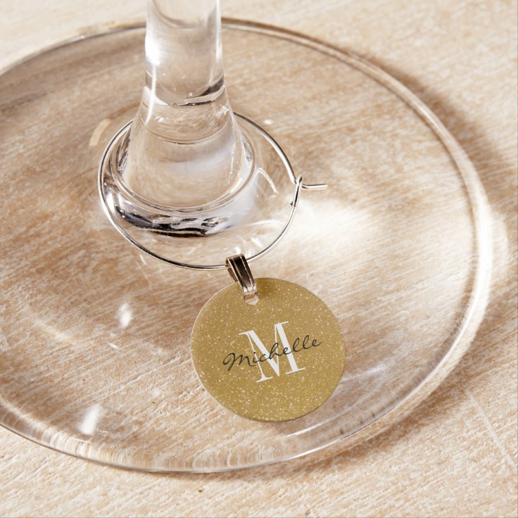 Custom monogram gold glitter wine glass charms | Zazzle