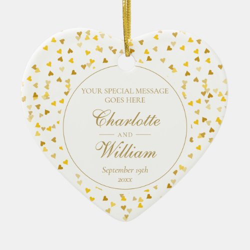 Custom Monogram Gold Hearts Confetti Wedding Ceramic Ornament