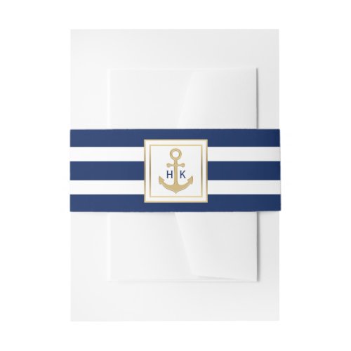 Custom Monogram Gold Navy Blue Stripes Wedding Invitation Belly Band