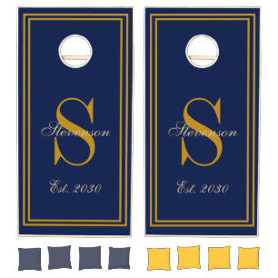 Custom Monogram Gold Script Blue Wedding Gift Cornhole Set