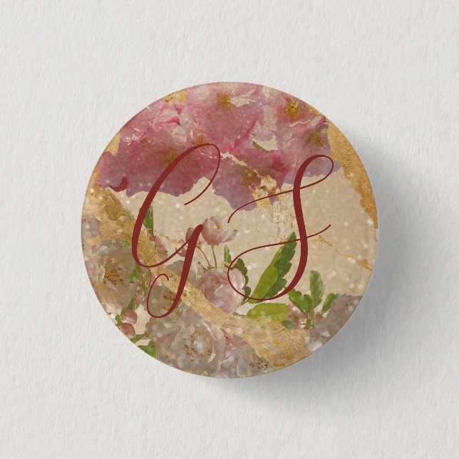 Custom Monogram Gold Shimmer Floral Decoupage Button (Front)