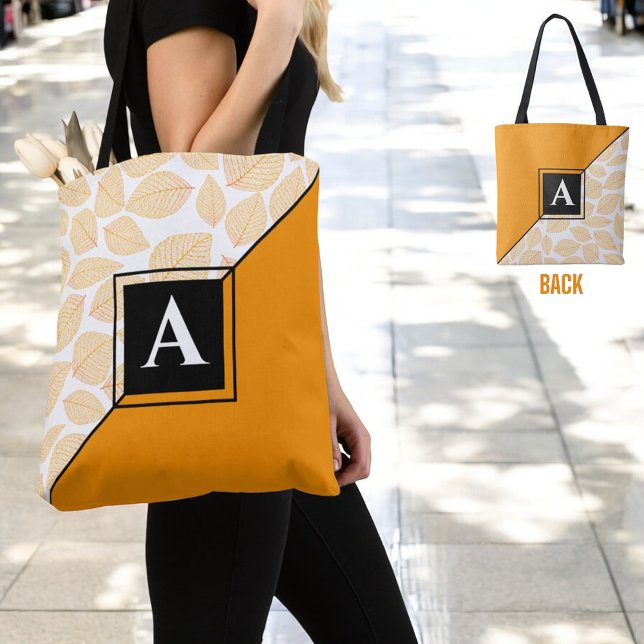 Custom Monogram Gold Yellow Leaf Pattern Diagonal Tote Bag (front and back shoulder tote bag design with initial letter monogram )