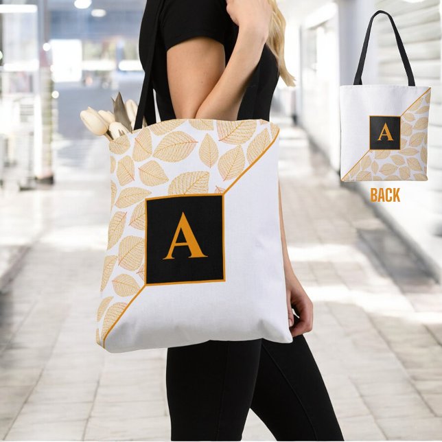 Custom Monogram Gold Yellow Leaf Pattern Diagonal Tote Bag (design on medium sized shoulder tote)