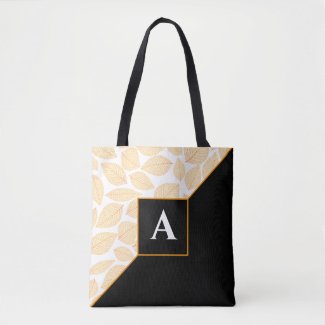 Custom Monogram Gold Yellow Leaf Pattern Diagonal Tote Bag