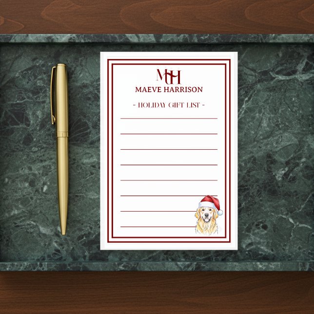 Custom Monogram Golden Retriever Holiday Gift List Post-it Notes (Gift custom holiday stationery to the dog lover in your life!)