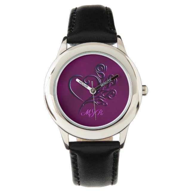 Custom monogram, Gothic Stylized Heart and Roses Watch (Front)