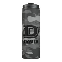 Custom monogram gray army camo thermal travel mug