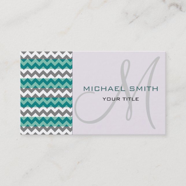 Custom Monogram Gray Mint Chevron Zigzag Pattern Business Card (Front)