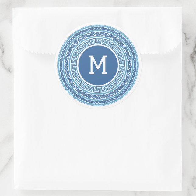 Custom Monogram Greek Pattern Classic Round Sticker (Bag)