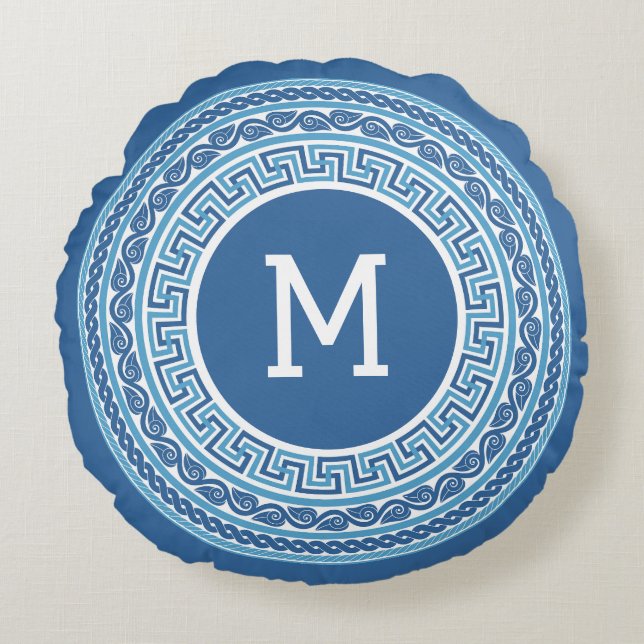 Custom Monogram Greek Pattern Round Pillow (Front)
