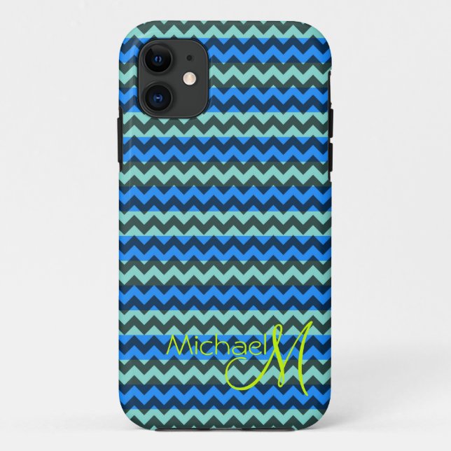 Custom Monogram Green Blue Chevron Zigzag Case-Mate iPhone Case (Back)