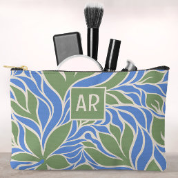 Custom Monogram Green &amp; Blue Modern Floral Pattern Accessory Pouch