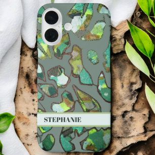 Custom monogram green brown abstract camo nature iPhone 16 case