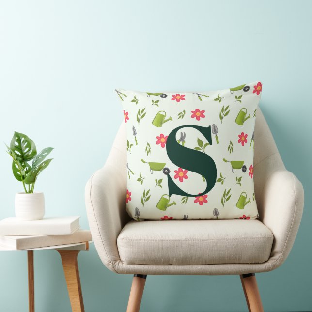 Custom Monogram Green Gardening Throw Pillow (Chair)