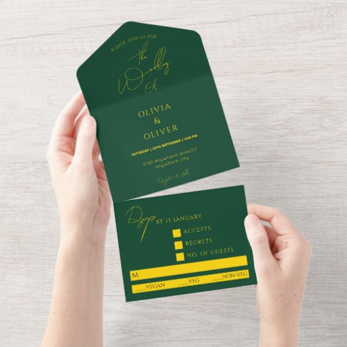 Custom monogram green gold typography wedding  all in one invitation