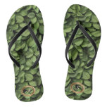 Custom Monogram Green Leaves Patterned Flip Flops