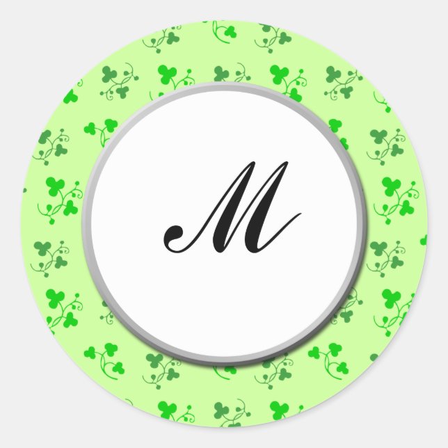 Custom Monogram Green Shamrocks Art Sticker (Front)