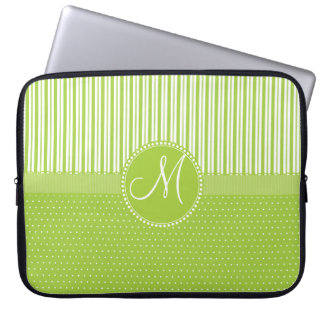 Custom Monogram Green Stripes Polka Dots Pattern Laptop Sleeve