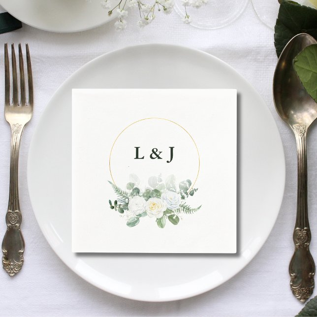 Custom Monogram Greenery Gold Initials Wedding Napkins (Creator Uploaded)